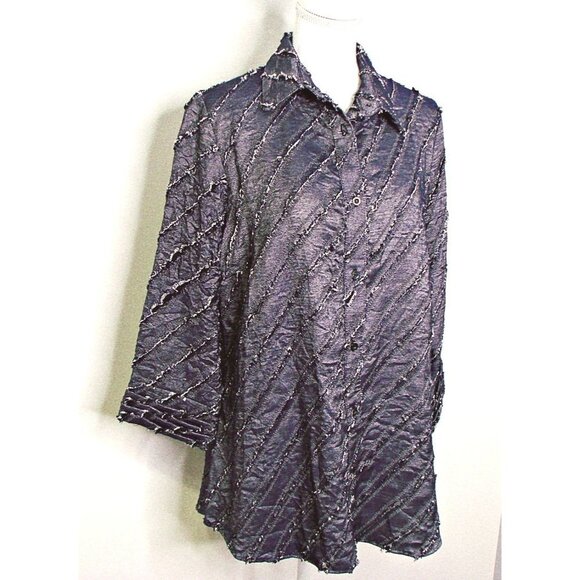 Womens Vintage Denim Like Fringe Button Down Front Back Blouse Shirt Boho Chic L - Picture 2 of 12